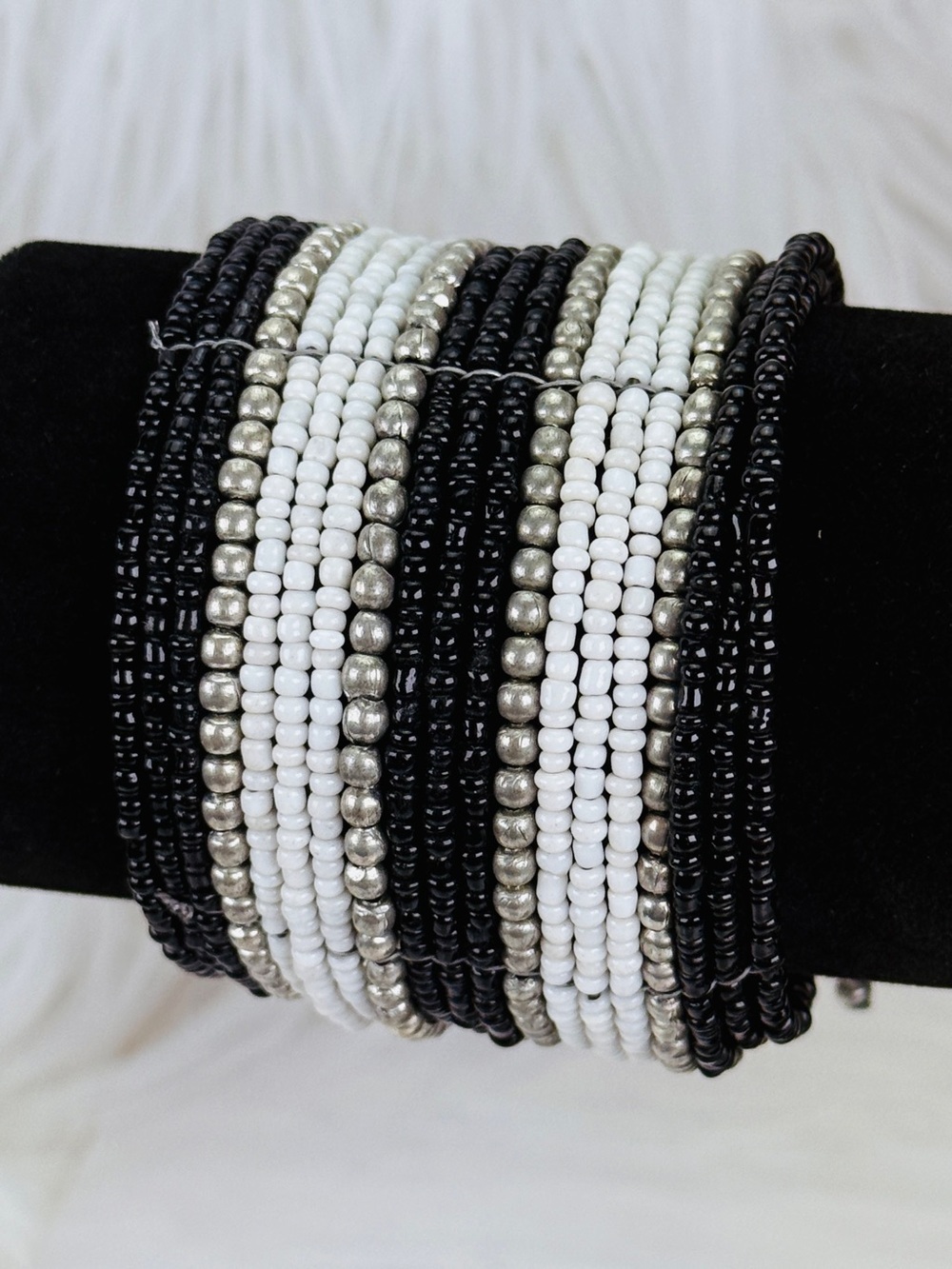 Bohemian, chic Black, White wide band adjustable Beaded Cuff Bracelet